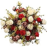 Duovlo 7 Branch 21 Heads Artificial Flowers Bouquet Mini Rose Wedding Home Office Decor,Pack of 4 (Red)