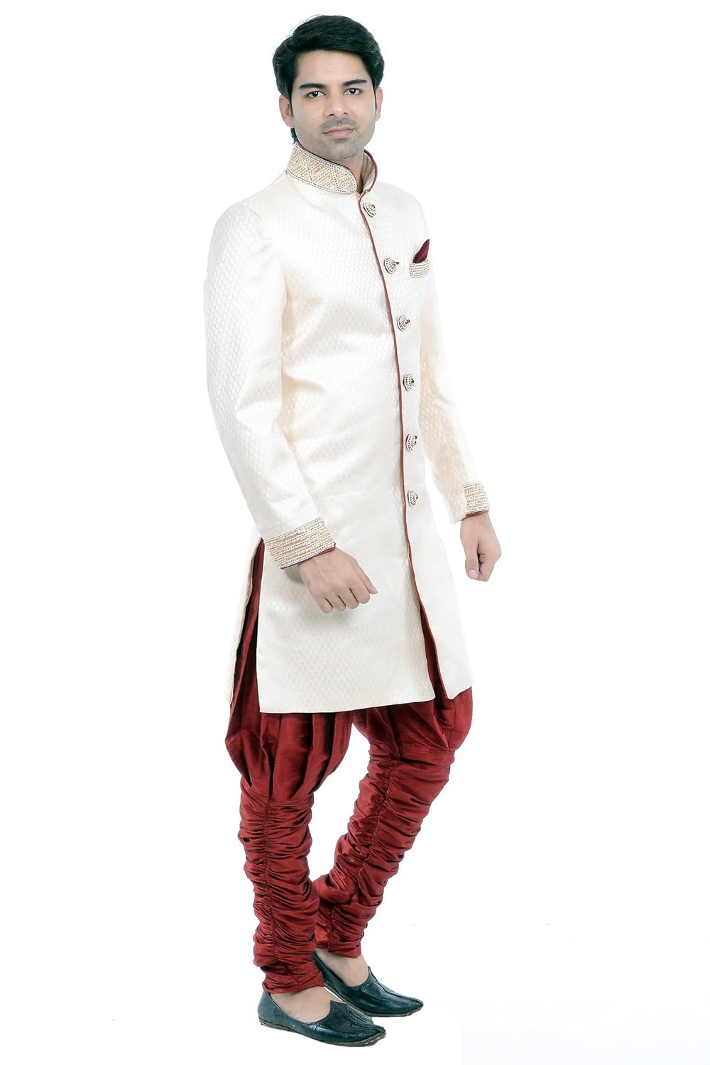 vastramay men's golden cotton silk sherwani & churidar set