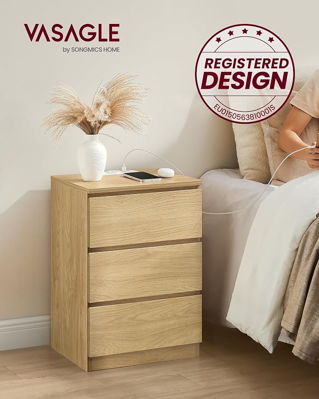 Coleção KAILYN - Mesa de cabeceira com estação de carregamento, conjunto de 2, mesa lateral com 3 gavetas, 2 tomadas AC, 2 portas USB, quarto, escritório, amarelo palha LET831Y70