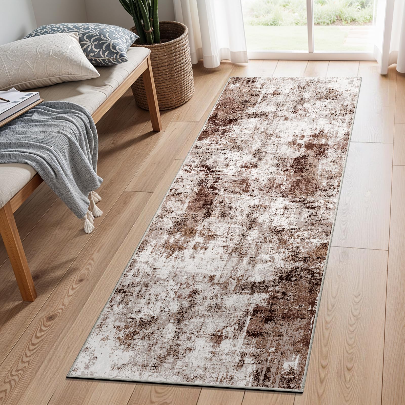 Photo 1 of 2x6 Washable Runner Rugs for Hallway: Easy-to-Clean Abstract Runners for Entryway Bedroom - Stain and Water Resistant Rugs with Non-Slip Backing - Soft Low-Pile Carpet Brown Khaki White