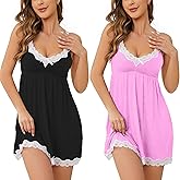 Aranmei Nightgown for Women 2 Pack Strap Chemise Lace V Neck Babydoll Soft Sleepwear S-XXL
