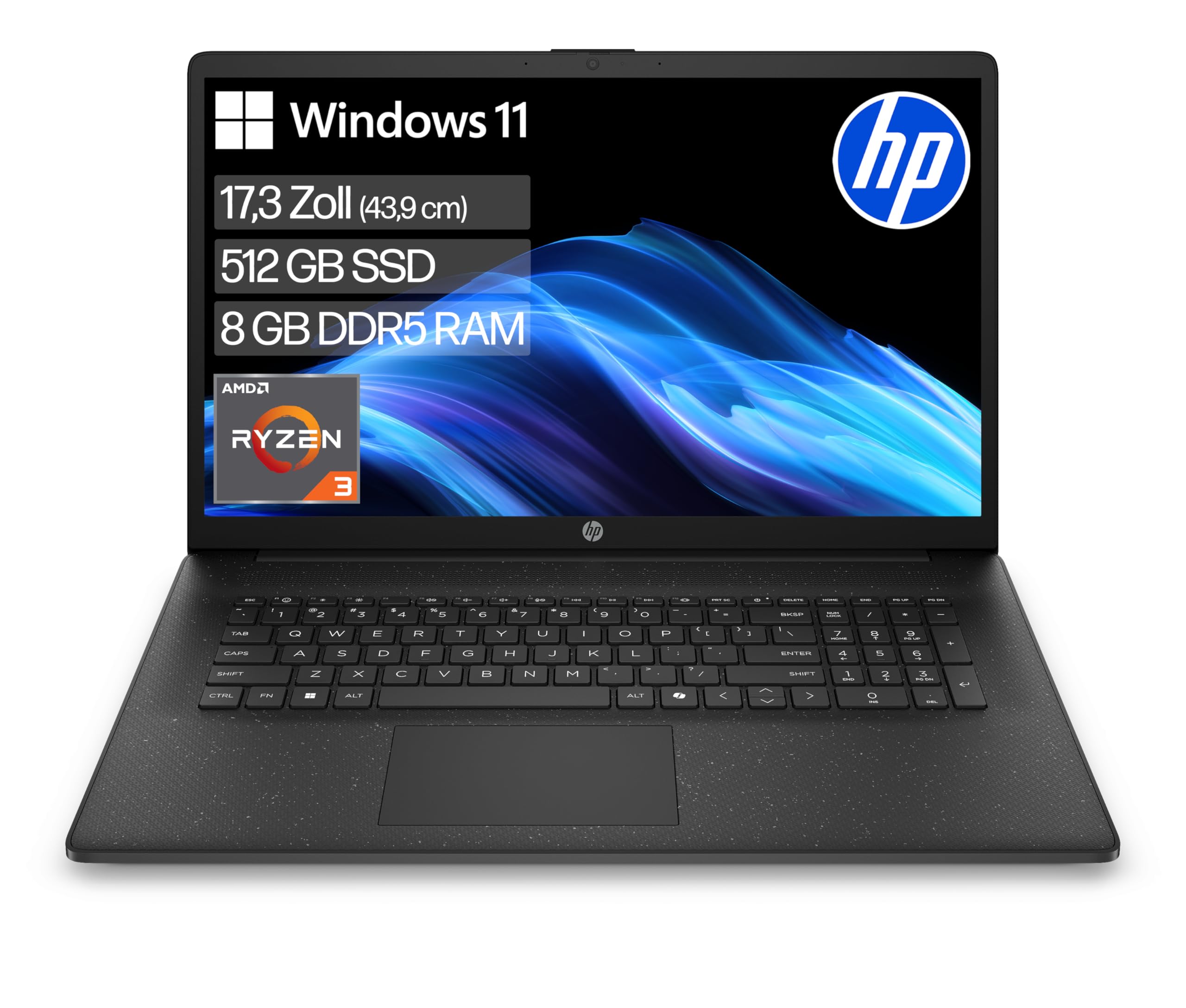HP Laptop mit 17,3" FHD Display, AMD Ryzen 3 7320U, 8 GB DDR5 RAM, 512 GB SSD, AMD Radeon Grafik, Windows 11, QWERTZ, Schwarz inkl. 25 GB Dropbox-Speicher für 12 Monate