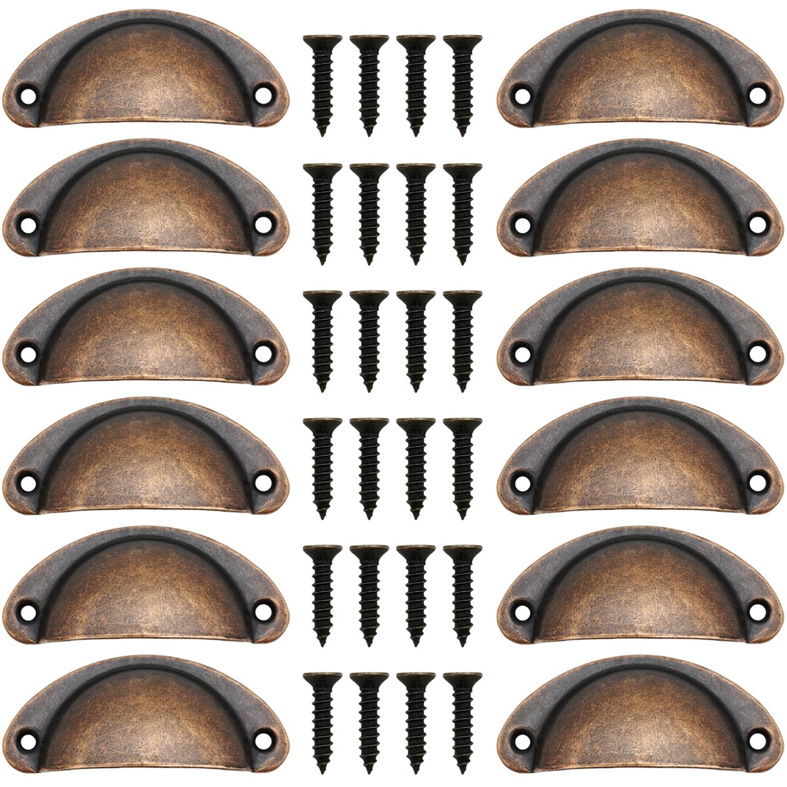 CTRICALVER Shell Drawer Handles, 12 Pcs 82mm Shell Cup Handles, Cabinets Handles, Retro Furniture Knobs, Semicircle Cabinet Cup Handle Antique Red Copper, with Screws.