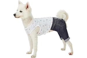 Blueberry Pet Summer Vacation Beach Cotton 4 Legged Onesie Dog Shirt with Denim Colored Pants, Sea Lover Nautical Striped Jumpsuit, Back Length 16", for Medium Large Dogs