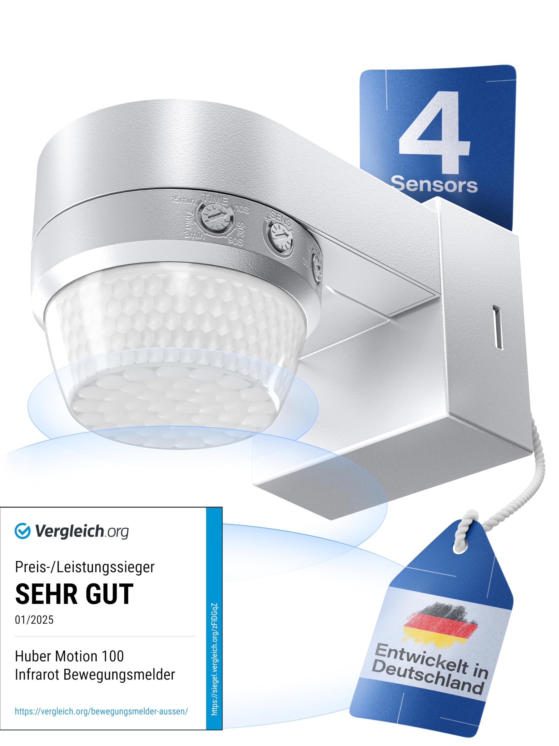 HUBER Motion 100 Infrared Motion Sensor 360° with 4 Sensors and Fresnel Lens - IP65 Motion Sensor LED Suitable I Includes Anti-Creep Protection & Area Limiting, Wall/Ceiling Mounting, Grey