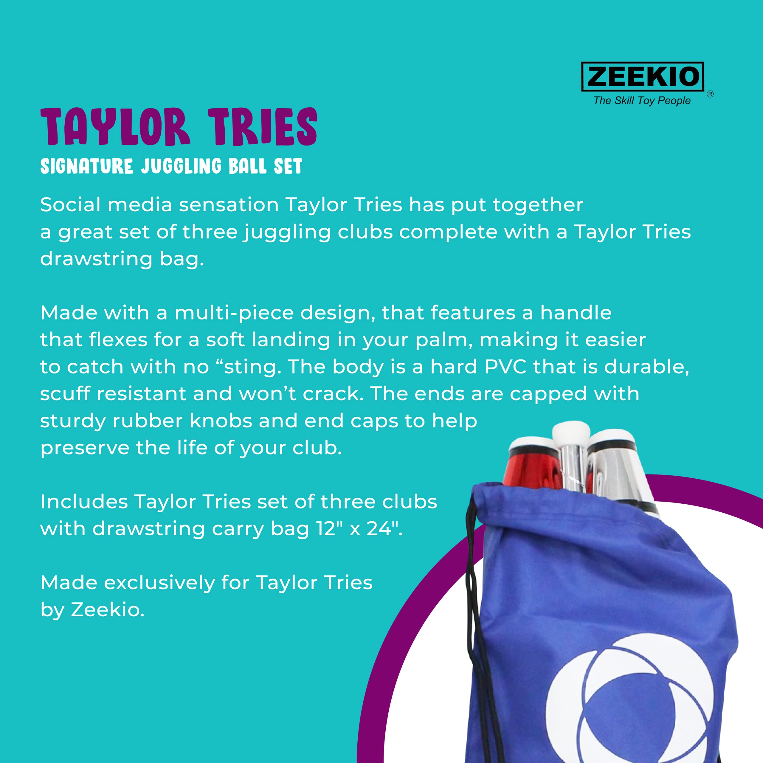 Zeekio Taylor Tries Signature Juggling Club Set with Drawstring Bag (Blue Silver Red)