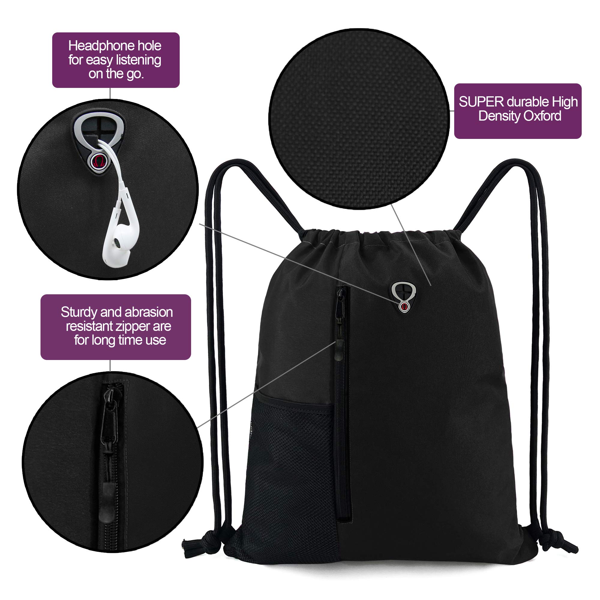 BeeGreen Black Drawstring Backpack Gym Bag For Men Women String Sports Backpack With Water Bottle Mesh Pockets And 2 Zippered Pocket Large Cinch Sackpack Workout Bag 16