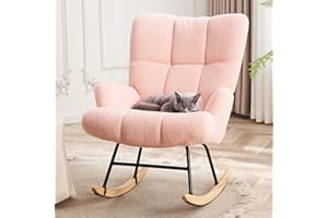 DAICO Rocking Chair Nursery Modern Accent Chair with High Backrest and Thick Soft Teddy Seat Nursing Rocking Armchair Glider Rocker Chair with Wooden Legs for Nursery Bedroom Living Room (Pink)