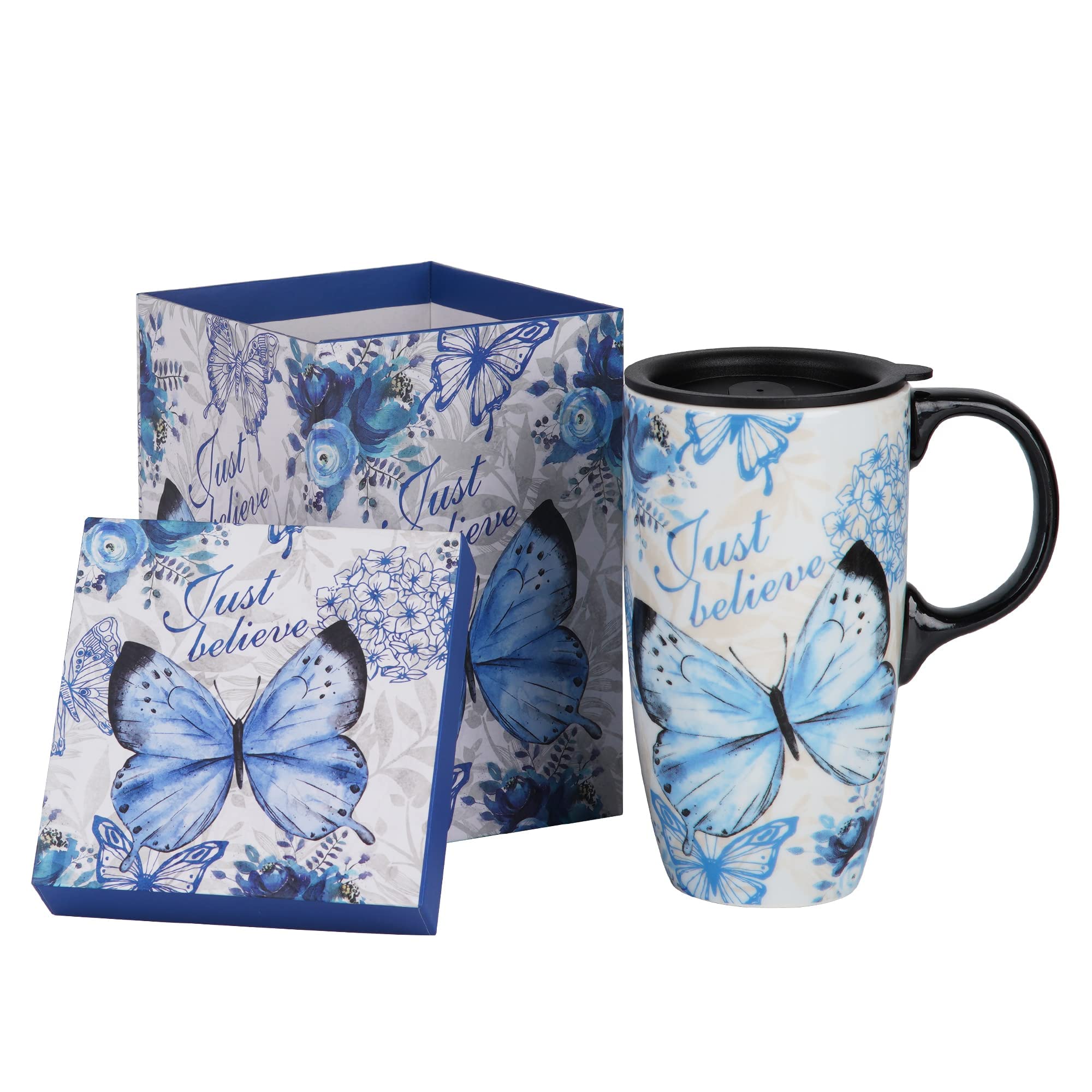 DUSVALLY Ceramic Mug Tall Coffee Cup with Lid, Handle and Gift Box Latte Mug 17oz,Blue Butterfly