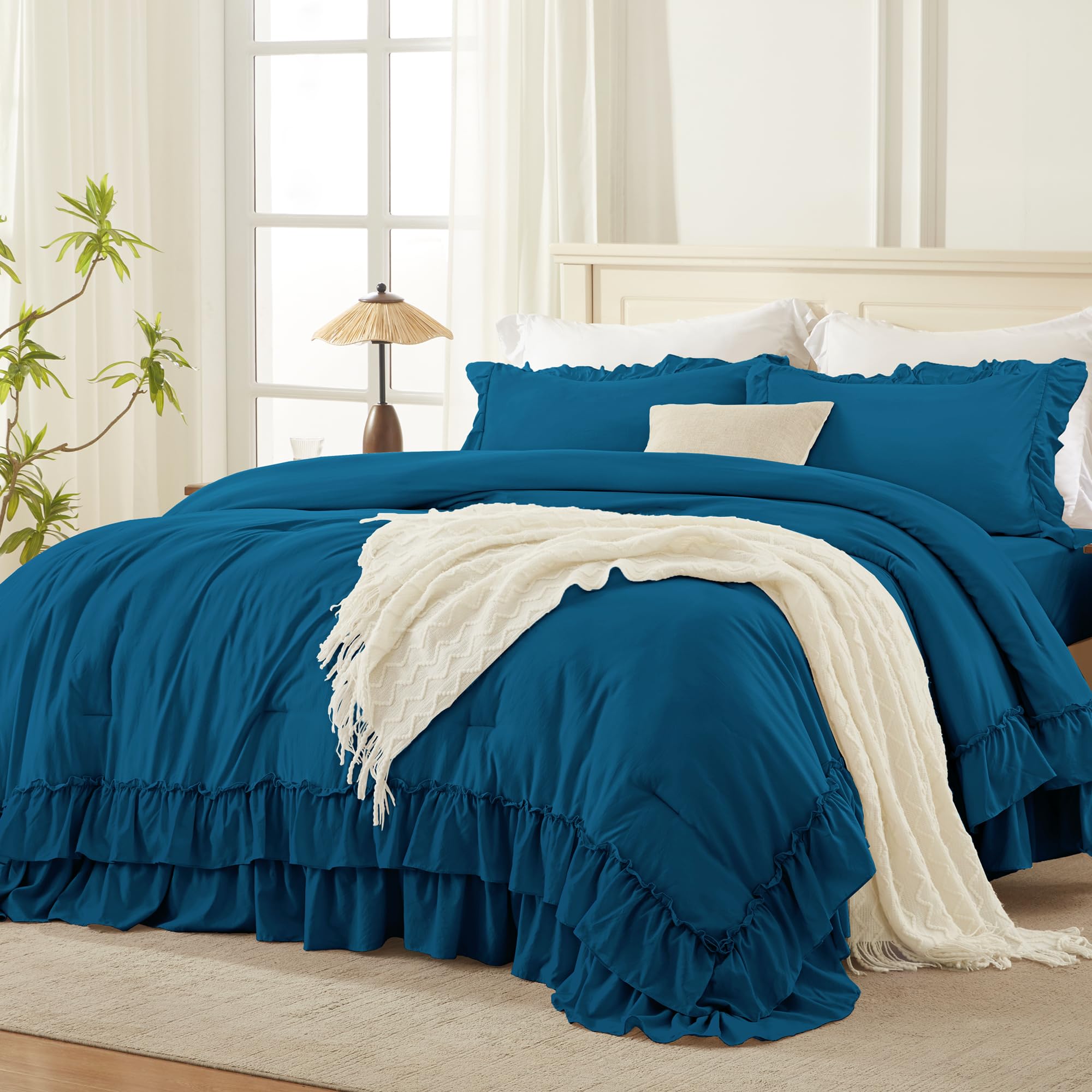 Andency Teal Twin Size Comforter Set, 2 Pieces Lightweight Fluffy Ruffle Bedding Set for Dorm, All Season Soft Farmhouse Shabby Chic Bed Set for Kids (66x90In) Image