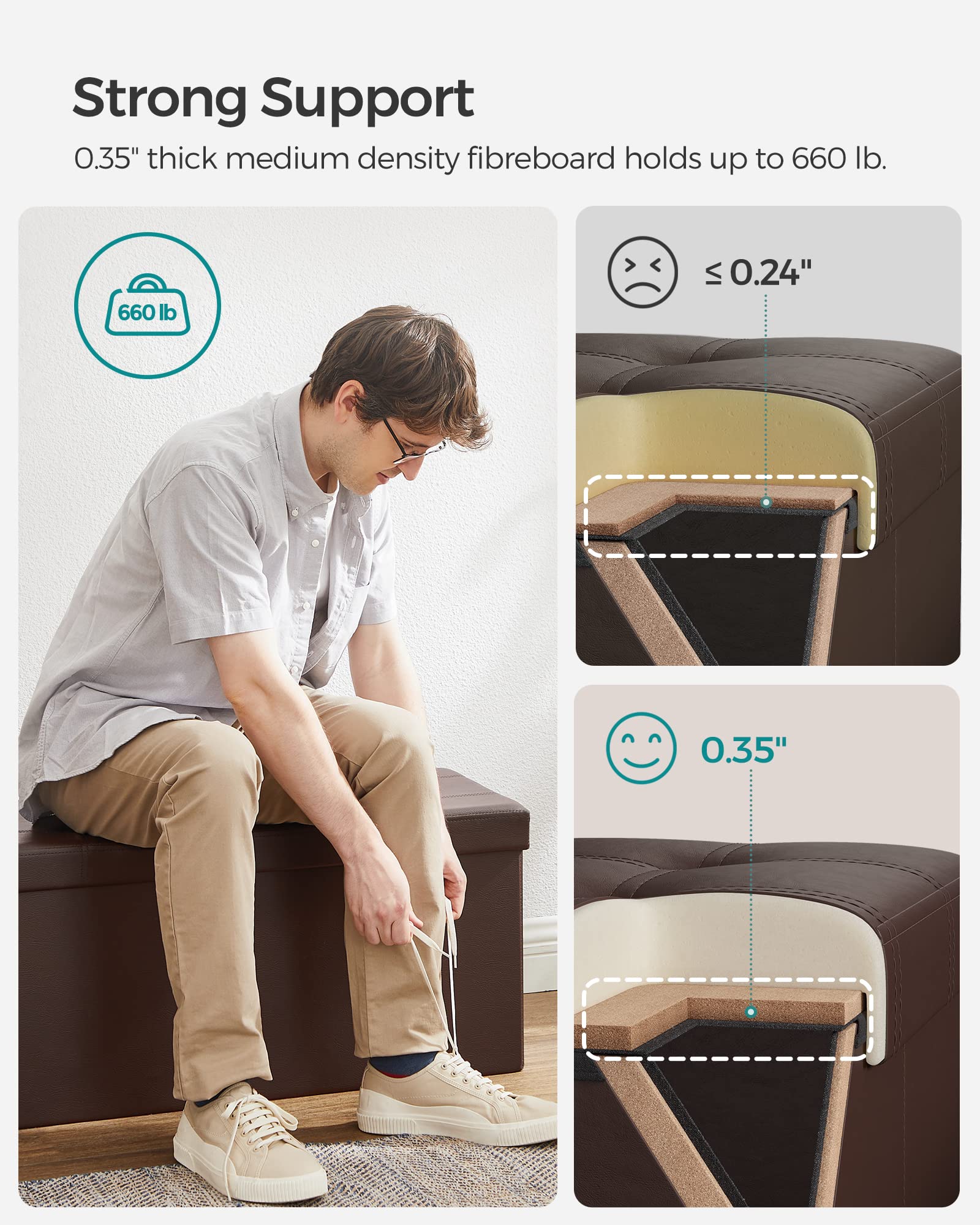 SONGMICS MAZIE Collection - 30 Inches Folding Storage Ottoman Bench, Ottoman with Storage, Foot Rest Stool, Load 660 lb, for Living Room, Synthetic Leather, Brown ULSF40Z