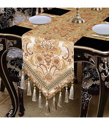 Luxury Vintage Table Runner - Embroidery Jacquard With Multi-Tassels, Brown, 13x78 Inch For Dining & Fireplace