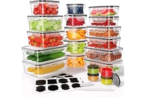 KEMETHY 40 Pcs Food Storage Containers with Lids Airtight (20 Containers & 20 Lids), Plastic Meal Prep Container for Pantry & Kitchen Organization, BPA-Free, Leak-Proof with Labels & Marker Pen
