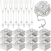 ROCEEI Catholic Rosary Necklace First Communion Baptism Favors Pearl Rosary Bead with Box for Women Men Elders Christian Gift