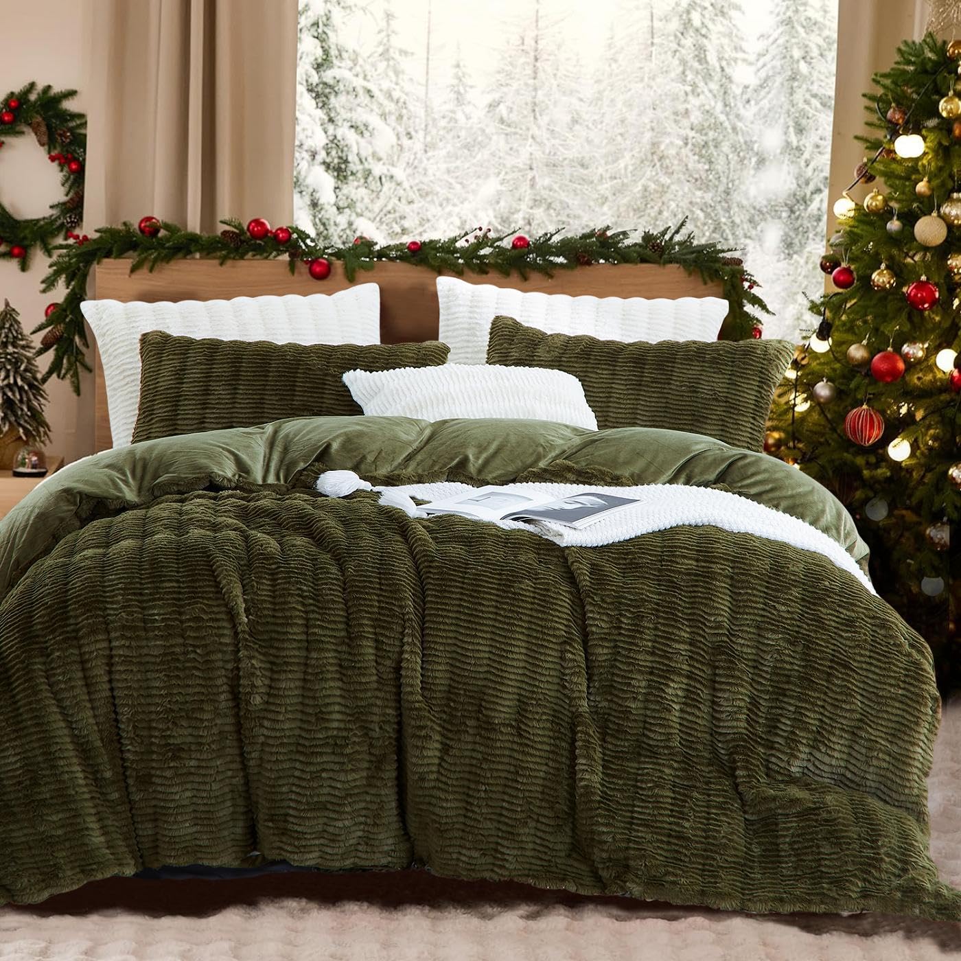 Lanqinglv Plush Bed Linen 135 x 200 cm Green Dark Green Fluffy Long Hair Faux Fur Winter Bed Linen Warm Cosy Flannel Fleece Cashmere Touch Duvet Cover with Zip and 1 Pillowcase 80 x 80 cm