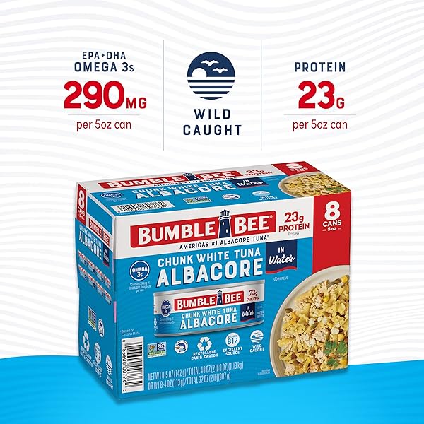 BUMBLE BEE CHUNK WHITE ALBACORE TUNA IN WATER, 5 OZ CAN (PACK OF 8) – WILD CAUGHT TUNA – 23G PROTEIN PER SERVING, HIGH IN OMEGA-3S – NON-GMO PROJECT VERIFIED, GLUTEN FREE, KOSHER