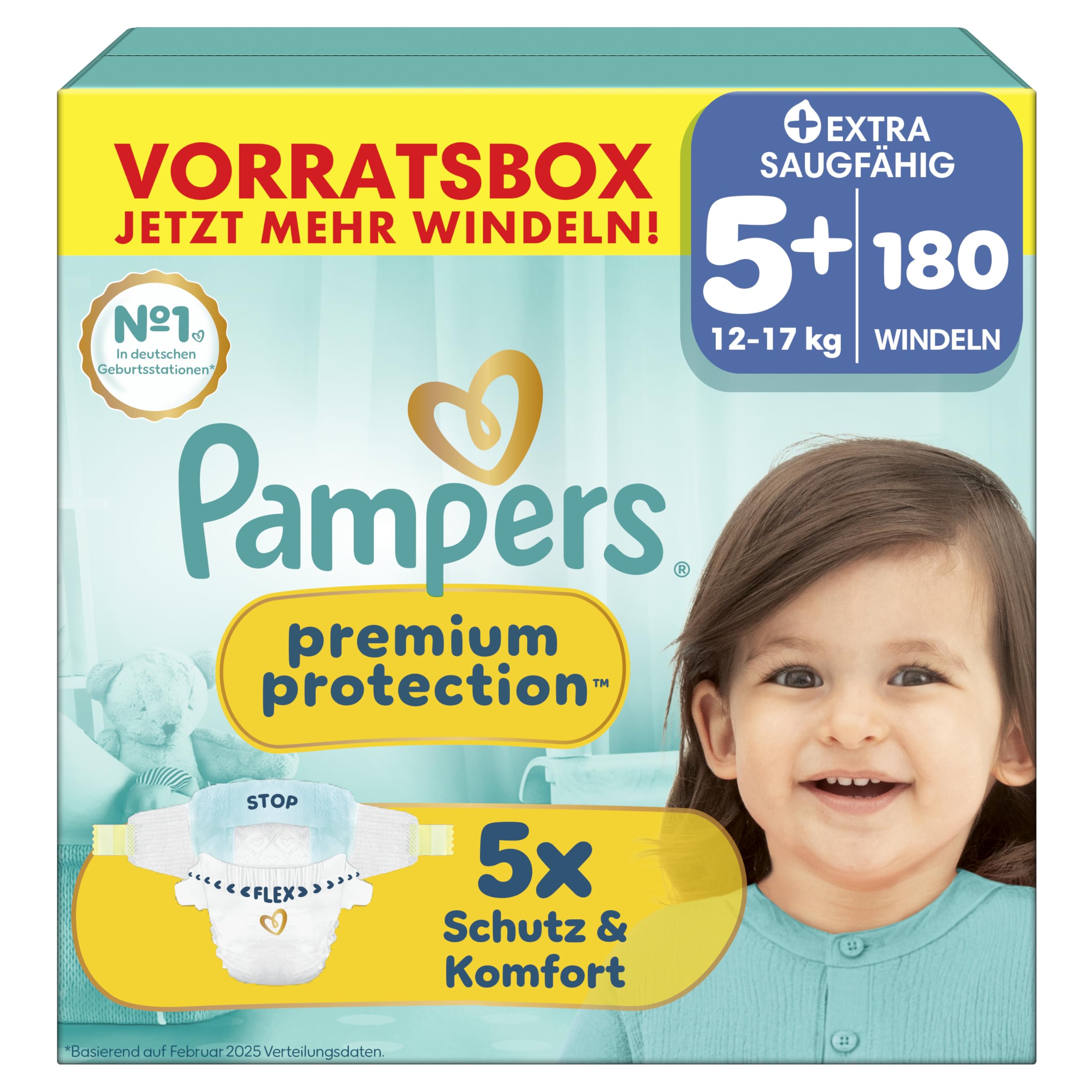 Pampers Premium Protection Größe 5+, 180 Windeln, 12kg-17kg, unser Nr. 1 Haut- und Auslaufschutz