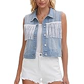 CIMUK Women's Denim Vest Button Down Sleeveless Tassel Trim Fringe Western Outfits Jean Vests