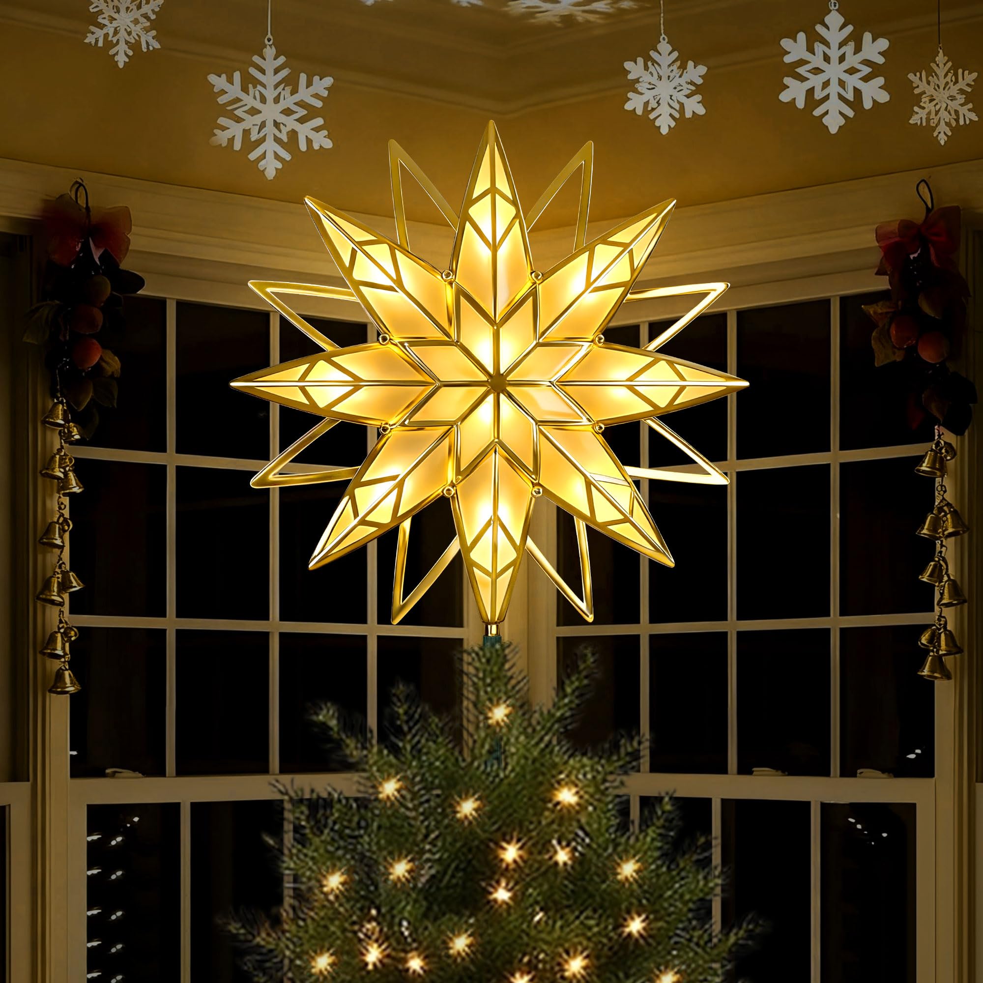 Photo 1 of Christmas Tree Topper, 11.8 Inch Gold Christmas Star Topper with 10 LEDs Lights, 3D Tree Star Xmas Decorations Indoor (Clamp/Pole Mount)