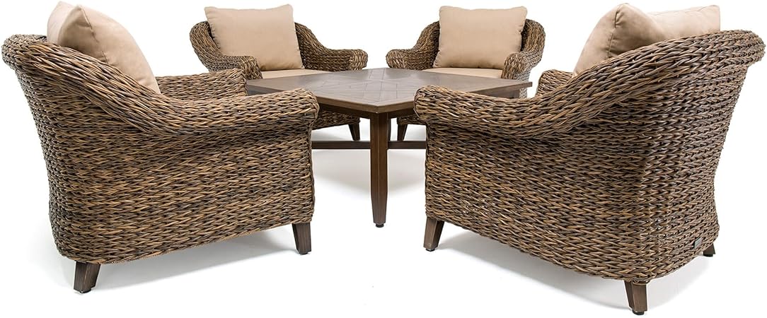 Amazon Com Blue Oak Outdoor Bahamas 5pc Patio Furniture Conversation Set 4 Stationary Lounge Chairs 1 Chat Table With Sunbrella Canvas Heather Beige Cushions Garden Outdoor
