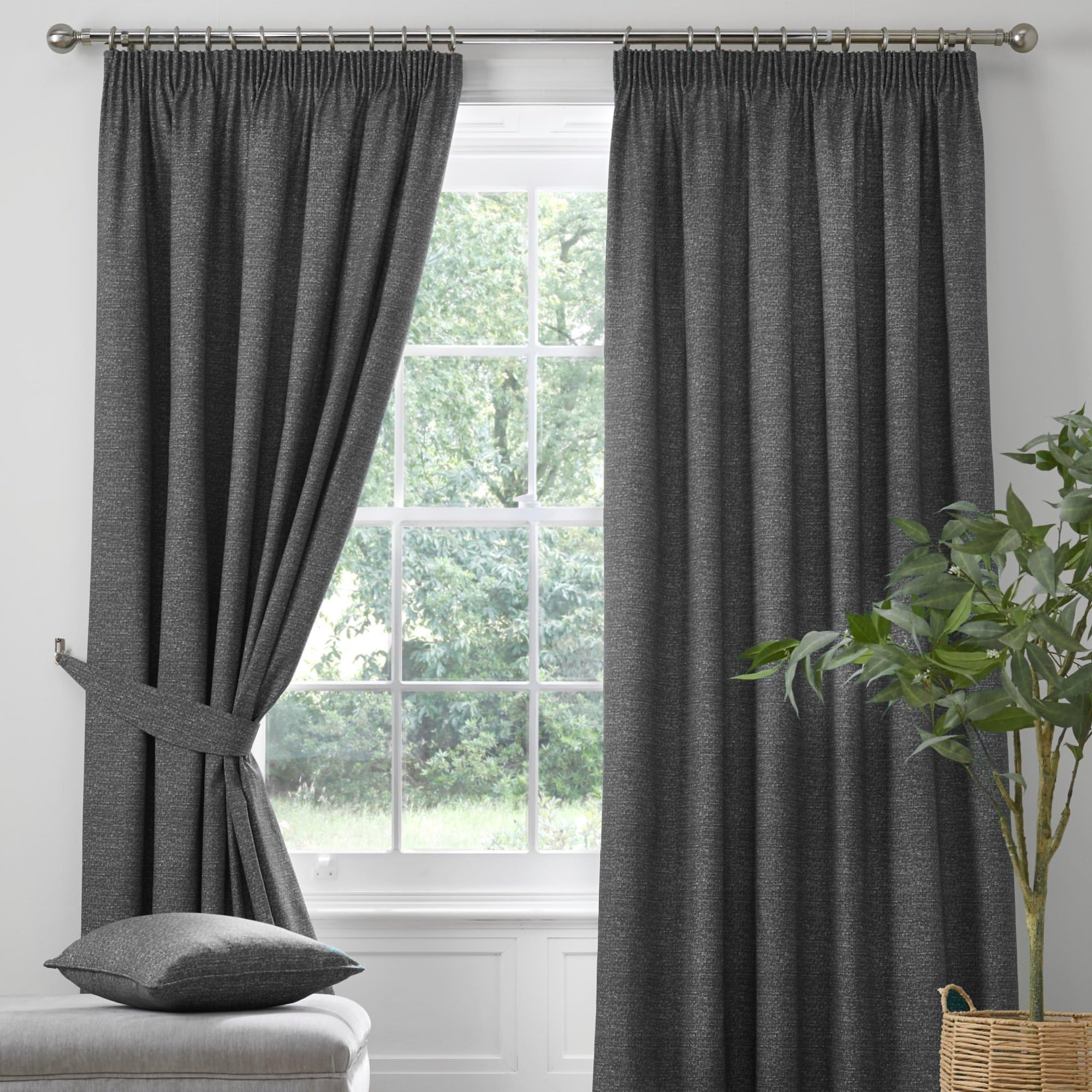 Dreams & Drapes - Charcoal Grey Blackout Pencil Pleat Curtains W46 x L72" (117 x 183cm) - 2 Tie Backs Included - Heavy Weight Thermal Soundproof for Bedroom/Living Room