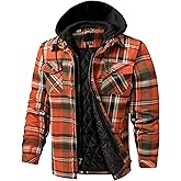 CHEXPEL Flannel Jackets for Men Long Sleeve Plaid Shirt Jacket Quilt Lined Hooded with Button Down Winter Coat