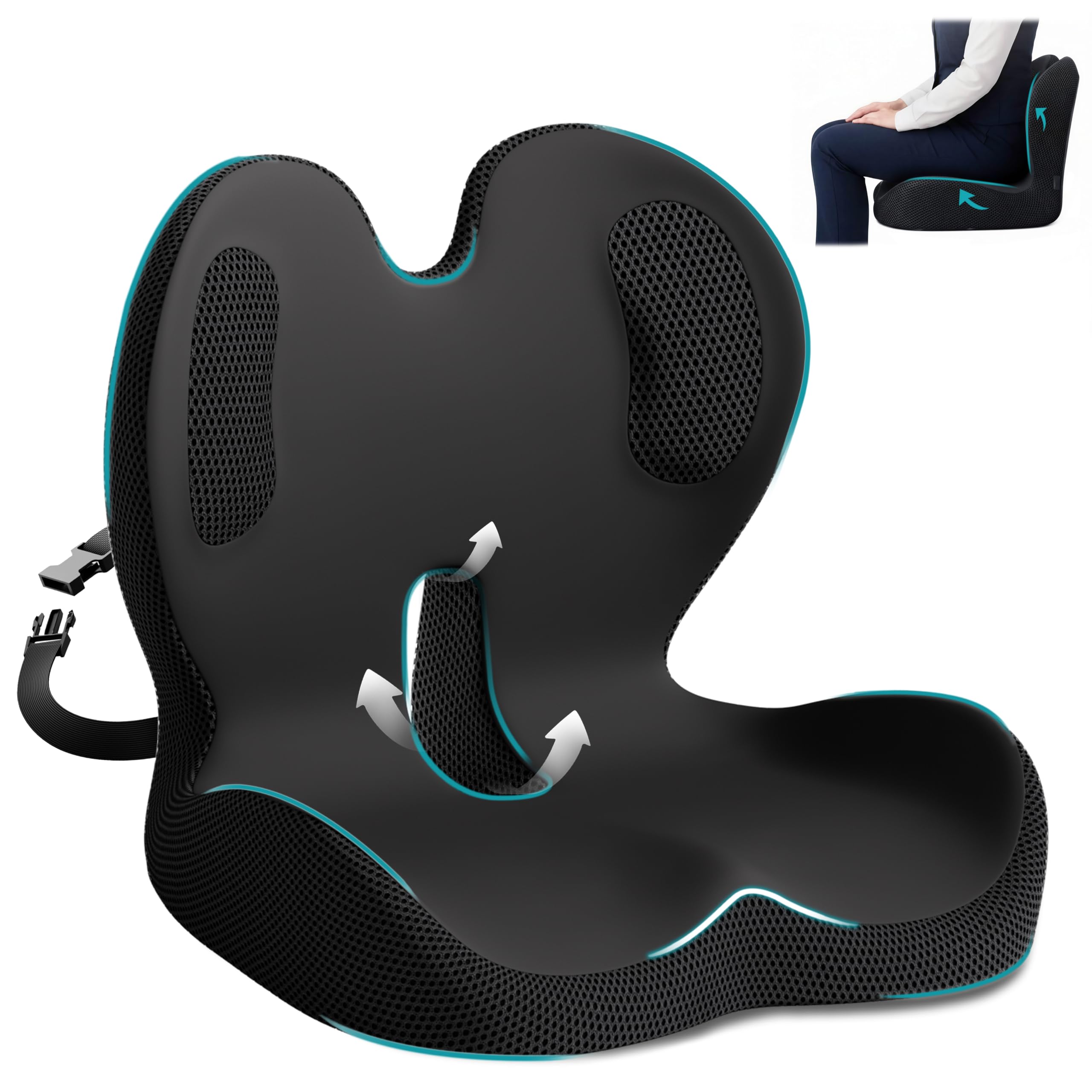 Photo 1 of Memory Foam Seat Cushion,Office Chair Cushion with Lumbar Support,L-Shape Ergonomic Cushions with Strap,Non-Slip Sciatica,Hemorrhoids, Tailbone Pain Relief for Office Workers,Driver (Black+Ice Silk)