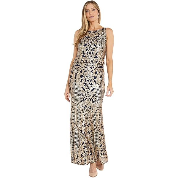 Amazon.com: R&M Richards Women's Black & Gold Beaded Blouson Gown W/Diamond  Motif Detail | Elegant Floor-Length Evening Cocktail Attire : Clothing,  Shoes & Jewelry