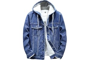 QOAAIE Mens Fleece Lined Denim Hoodie Jacket Casual Long Sleeve Button Down Trucker Coat Warm Winter Hooded Jean Jacket