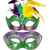 MYSEUNI Masquerade Mask for Couple with Feathers - Womens Feather Carniva Masks & Men Venetian Mask for Halloween, Christmas