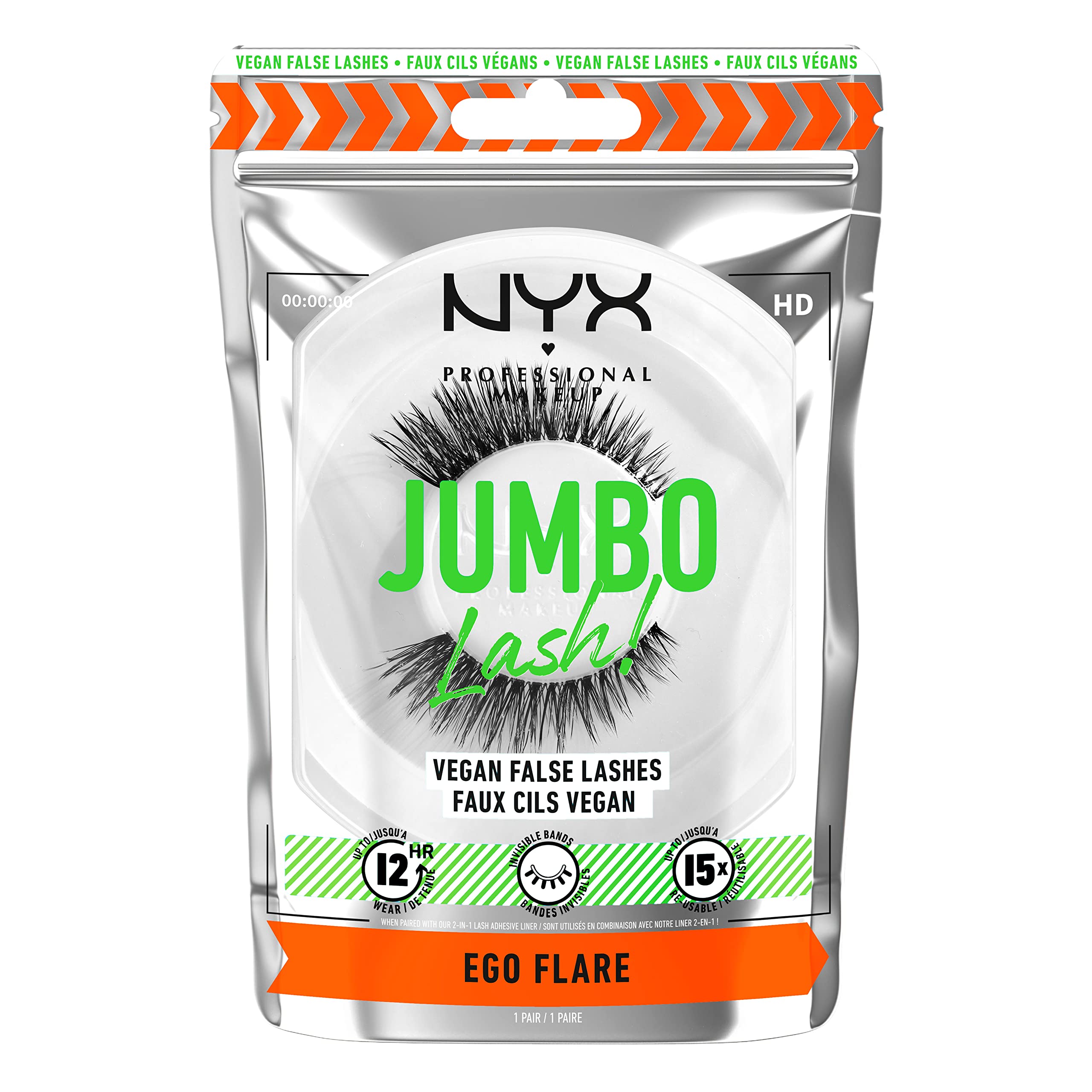 NYX Professional Makeup False Lashes, Long-lasting 12h Wear, Invisible Bands, Re-Usable up to x15, Vegan Lashes, Jumbo Lash!, Ego Flare