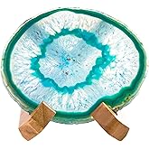 Luxury Lane Large Natural Brazilian Agate Slice Geode Rock Stone Drink Coaster with Wood Holder 4.7-5.5 inch Centerpiece Table Decoration, Teal