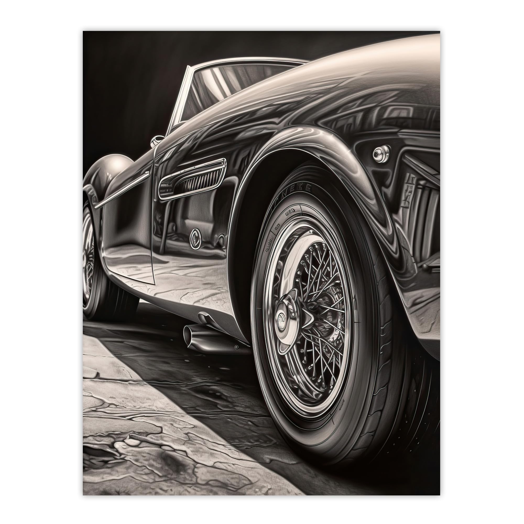 Artery8 Sleek And Sporty Hyper Realistic Graphite Drawing Sports Car Spoke Wheels Gift For Him Extra Large XL Wall Art Poster Print