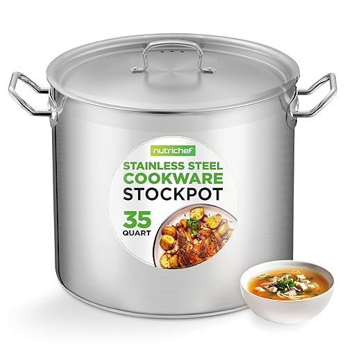 Nutrichef Stainless Steel Cookware Stockpot, 35 Quart Heavy Duty Induction Soup Pot With Stainless Steel Lid And Strong Riveted Handles, Even Heat Distribution, Compatible With Most Cooktops