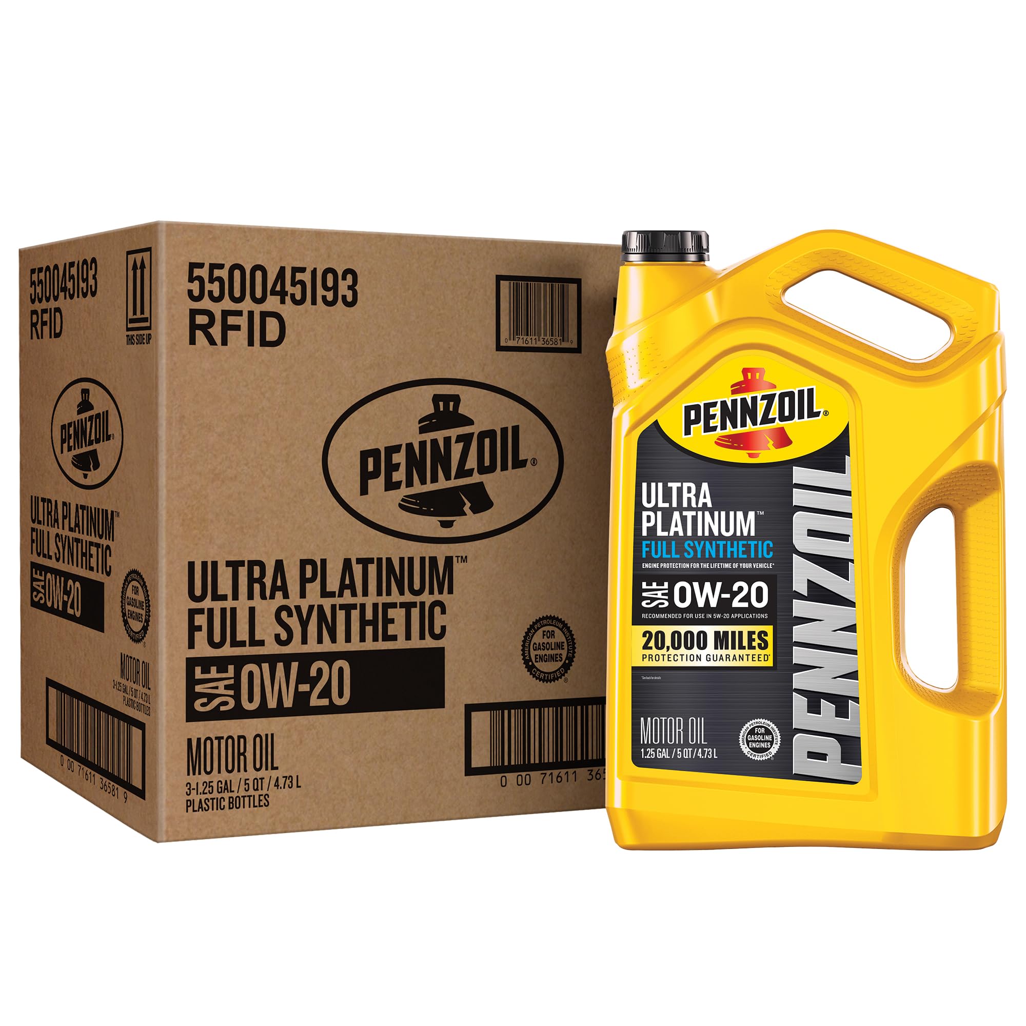 Pennzoil Ultra Platinum Aceite de motor totalmente sintético 0W-20, 5 cuartos (paquete de 3)