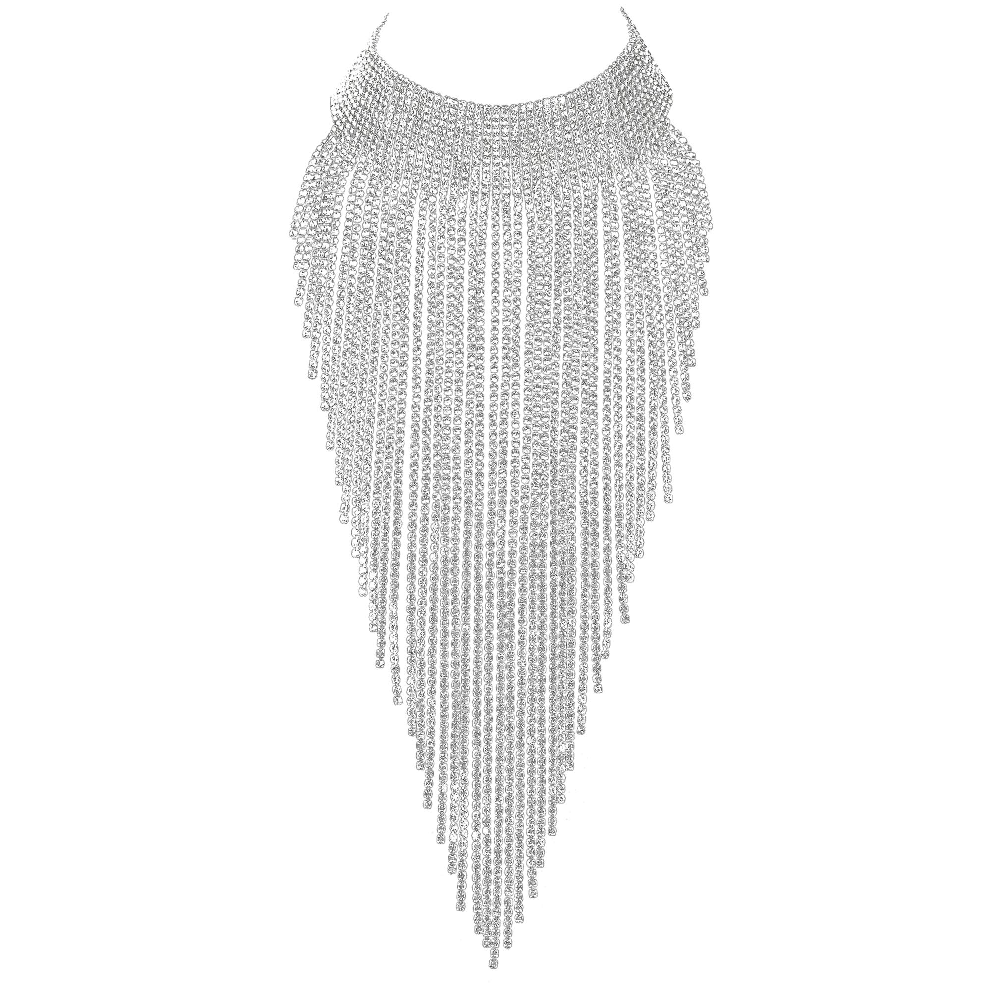 Ever Faith Women's Crystal Bib Statement Long Tassel Choker Necklace Clear Silver-Tone Costume Jewelry — image 1