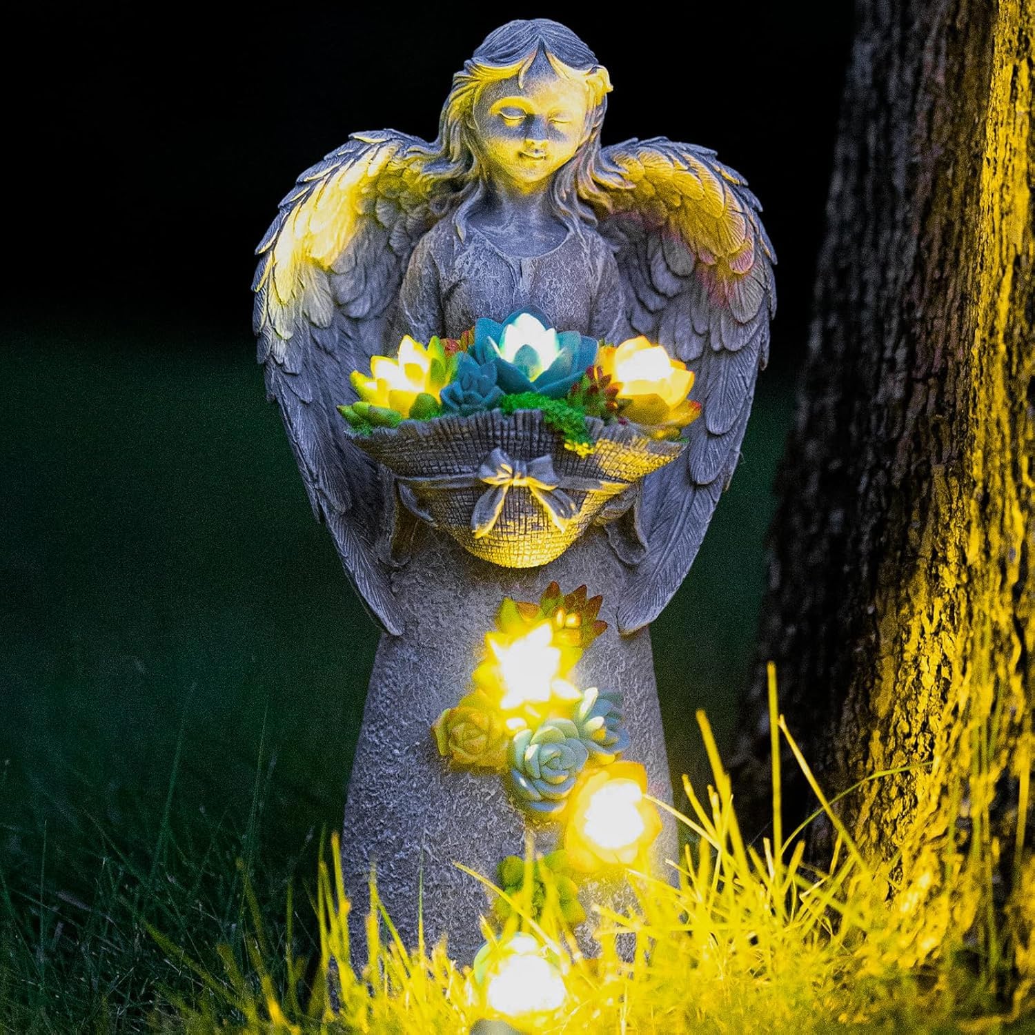 ZQQLITE Solar Garden Outdoor Decor Statues with Succulent and LED ...