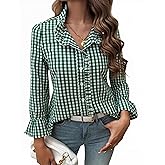 MINTLIMIT Womens Plaid Blouse Peasant Button Down Ruffle Neck Plaid Puff Long Sleeve Gingham Blouse Shirts