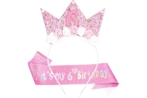 Vovii 6th Birthday Decorations - Princess Crown Headband & Glitter Sash Set for 6 Year Old Girl