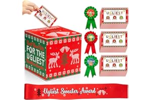 Yaaaaasss! Christmas Ugly Sweater Contest Ballot Box, Voting Cards Box Set with 50 Voting Cards 3 Award Ribbons 1 Ugliest Sweater Award Sash, Ugly Christmas Sweater Party Decorations