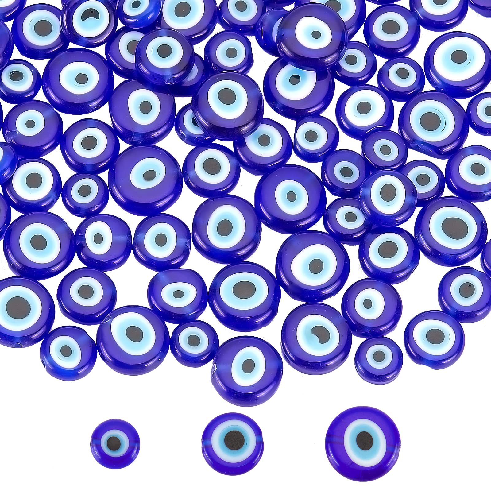 NBEADS 119 Pcs 3 Sizes Flat Evil Eye Beads, Handmade Lampwork Beads Spacer Blue Evil Eye Charms Turkish Loose Beads for Bracelet Earring Necklace DIY Jewelry Making-8mm/10mm/12mm