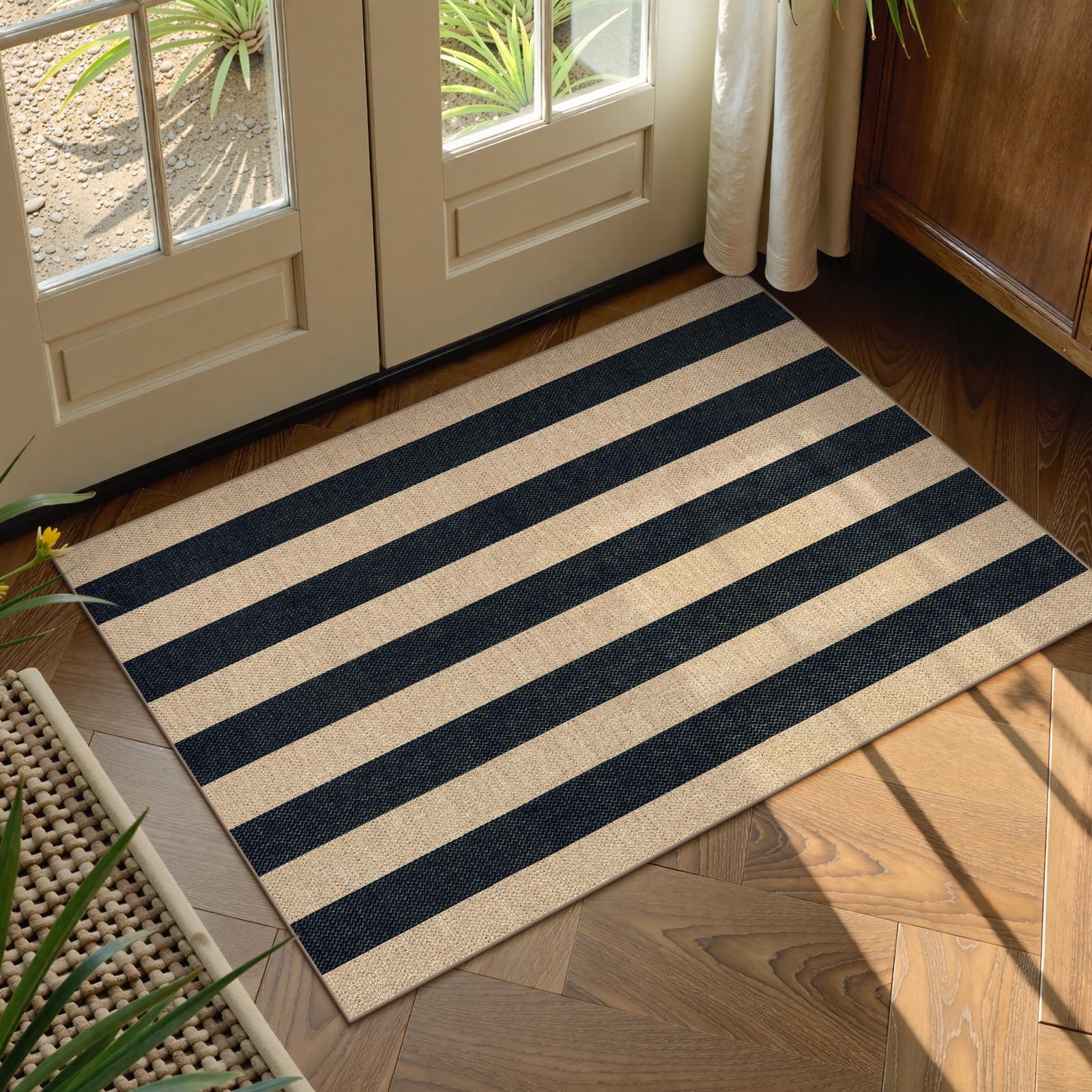 Lahome Elance Striped Easy Jute Rug, 2x3 Entryway Rug Indoor Outdoor Front Door Mat, Farmhouse Neutral Non Slip Non Shedding Washable Kitchen Mats for Floor Foyer