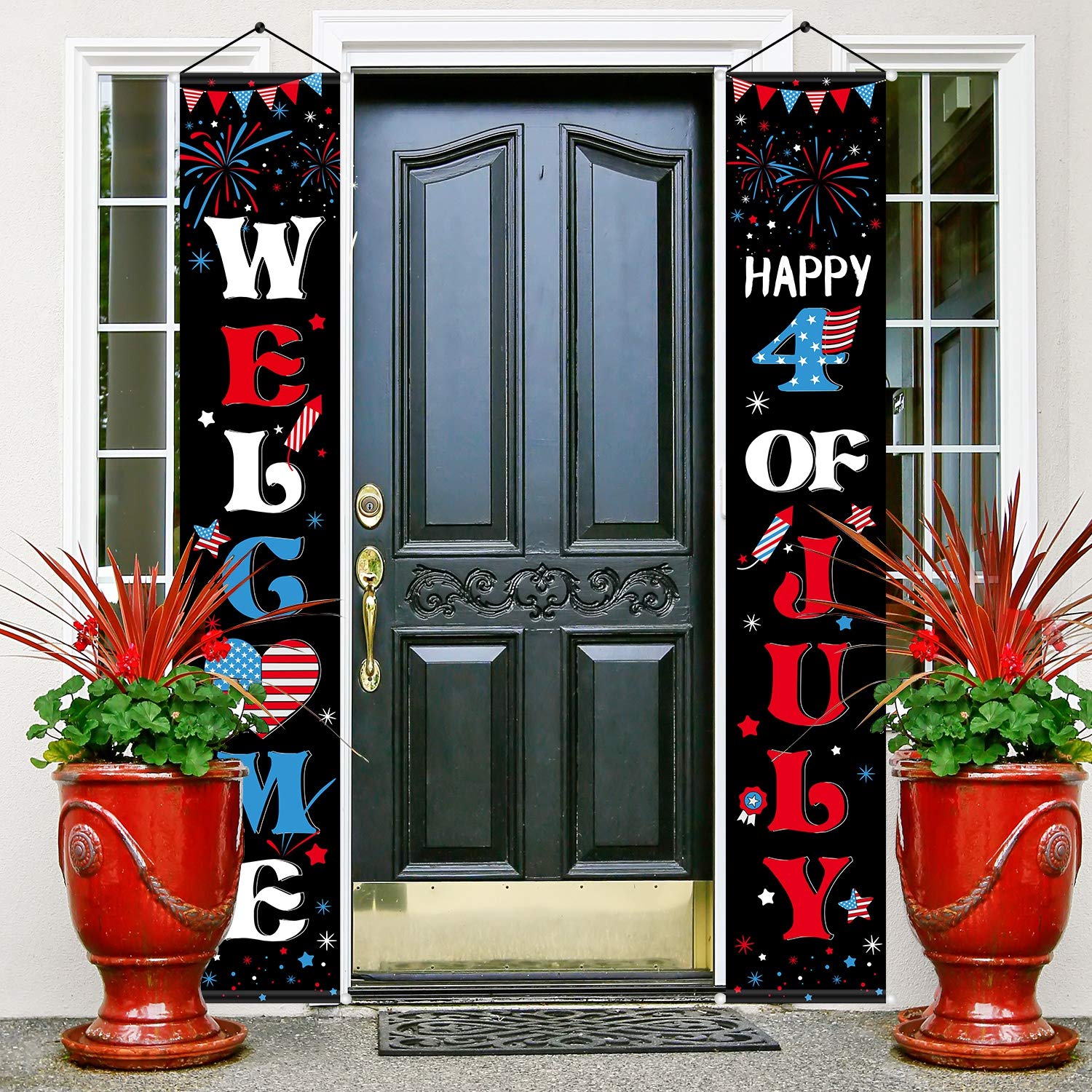 4th of July Welcome Porch Sign Memorial Day Banner Decorations Patriotic Black Independence Day Hanging Banner for Home Party Door Outdoor, God Bless America (classic style)