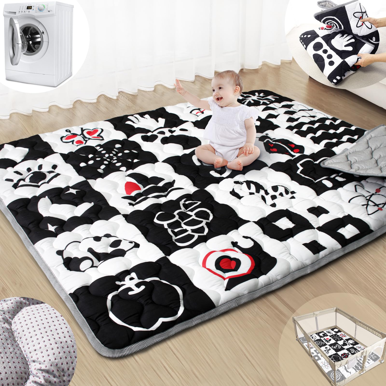 Photo 1 of Beavtaens Baby Play Mats for Floor, 71”x59” Upgraded Thickness & Larger Super Soft Playmat for Babies and Toddlers, Foldable Washable, Upgrade Anti-Slip Crawling Mat for Playpen(High Contrast)