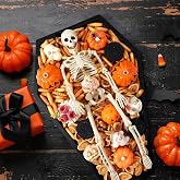 Seeloowy Black Halloween Coffin Charcuterie Tray with Skeleton, Large | Wood Coffin Charcuterie Board, Coffin Serving Tray, Spooky Gothic Home Decor Dessert Tray for Halloween Party Accessories