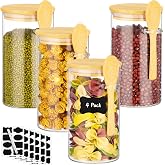 Kimqi Glass Jars with Bamboo Lids and Spoon - 4 Pack 23 Fl.oz Glass Jars with Airtight Lids, Includes Labels and Marker, Pant