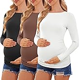 Ekouaer Womens Maternity Shirts Boat Neck 3 Packs Pregnancy Tops Long Sleeve Tunic Tees Casual Blouse New Mama Clothes S-XXL
