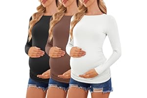 Ekouaer Womens Maternity Shirts Boat Neck 3 Packs Pregnancy Tops Long Sleeve Tunic Tees Casual Blouse New Mama Clothes S-XXL