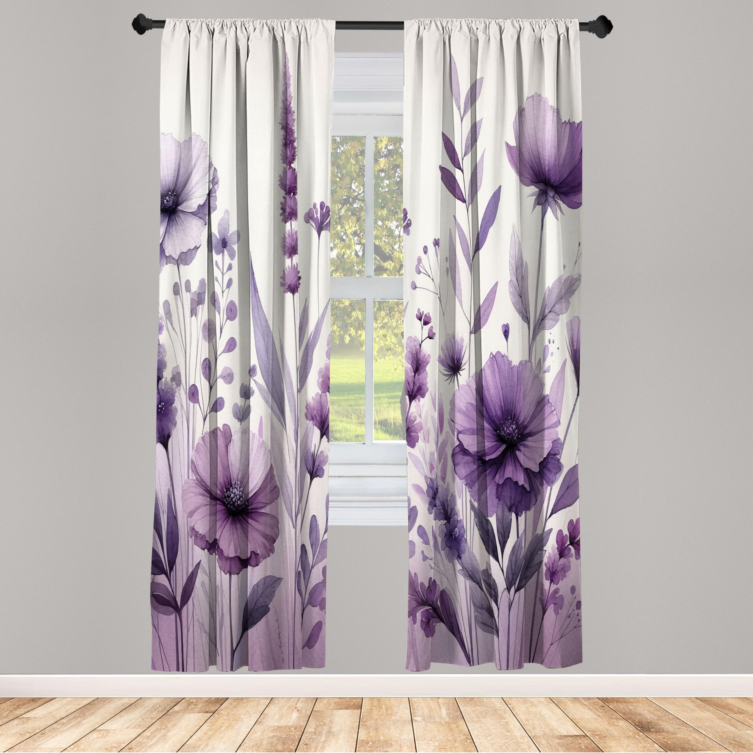ABAKUHAUS Purple Window Curtains Pack of 2, Picturesque Pastel Tones Pansy Flowers Garden Cold Morning in a Meadow, Lightweight Set & Rod Pocket, 4 Panels of - 28" x 84", Lilac Pale Grey Blush