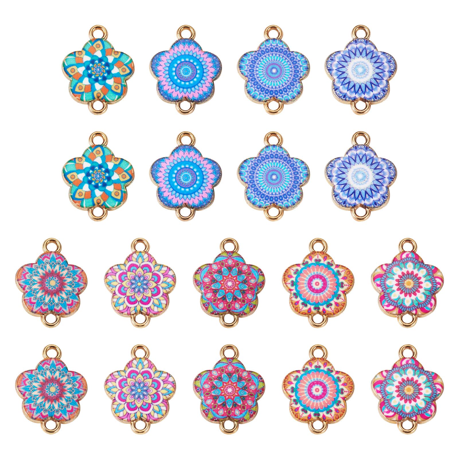 Crafans 18Pcs Flower Enamel Connector Charms 9 Colors Printed Kaleidoscope Pattern Link Charms Antique Bohemian Styles Flower Charms for DIY Earring Jewelry Making